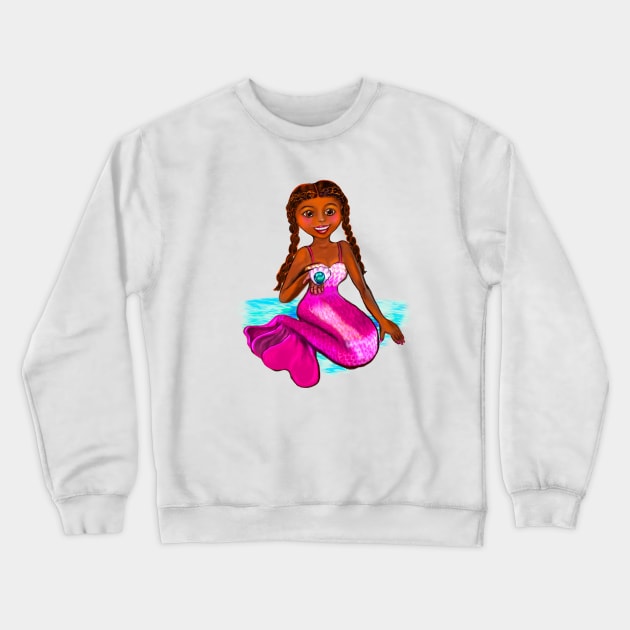 Anime mermaid holding a rare black pearl, brown eyes, Afro hair in two cane rows  and caramel brown skin - light background Crewneck Sweatshirt by Artonmytee